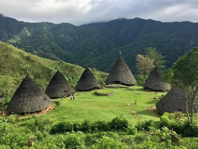 Vista luminosa e limpida delle case tradizionali al Villaggio Tradizionale di Wae Rebo.